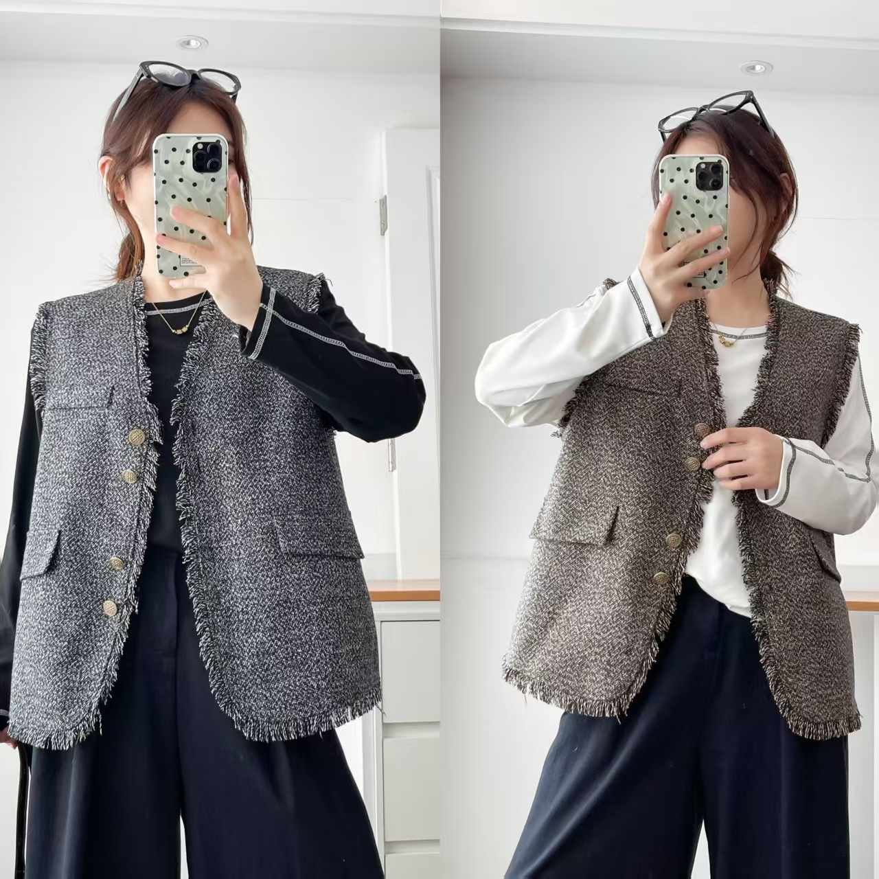 CC【流苏小香风2535】秋季新款优雅风高级感格纹马夹轻奢高质感穿搭