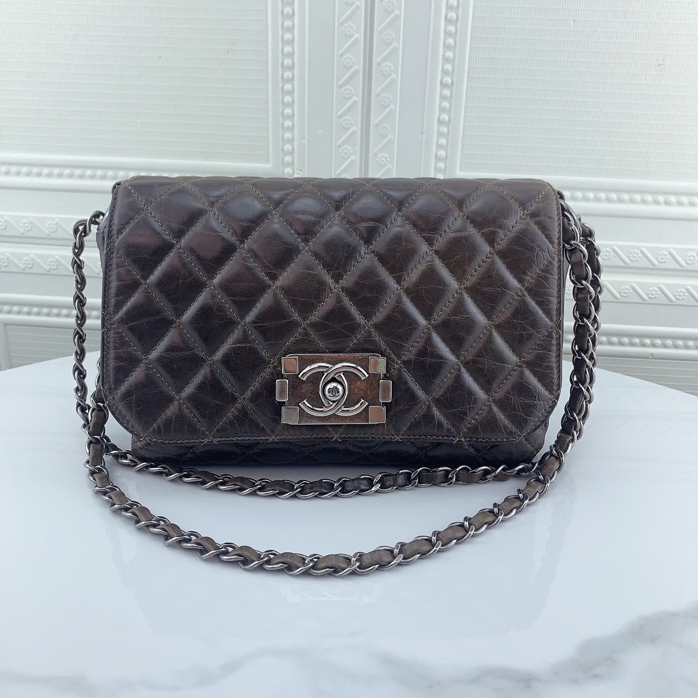90新 Chanel/香奈儿 深灰色经典复古油蜡皮链条包
