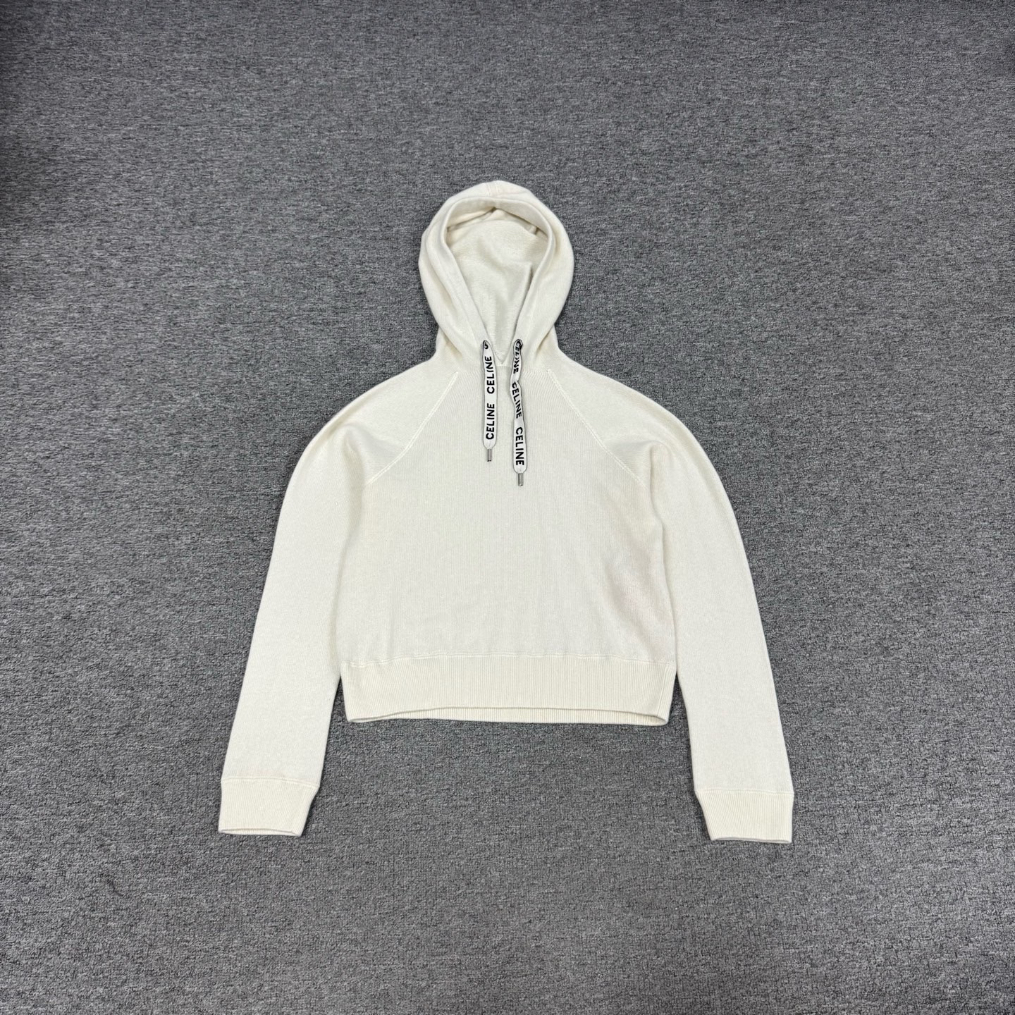99新 Celine/思琳 白色 羊绒混纺 飘带Logo 针织连帽卫衣 S码 