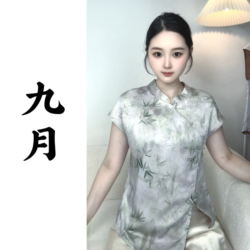 【步步高升】小飞袖新中式衬衫复古刺绣圆领上衣提花印花显瘦短款