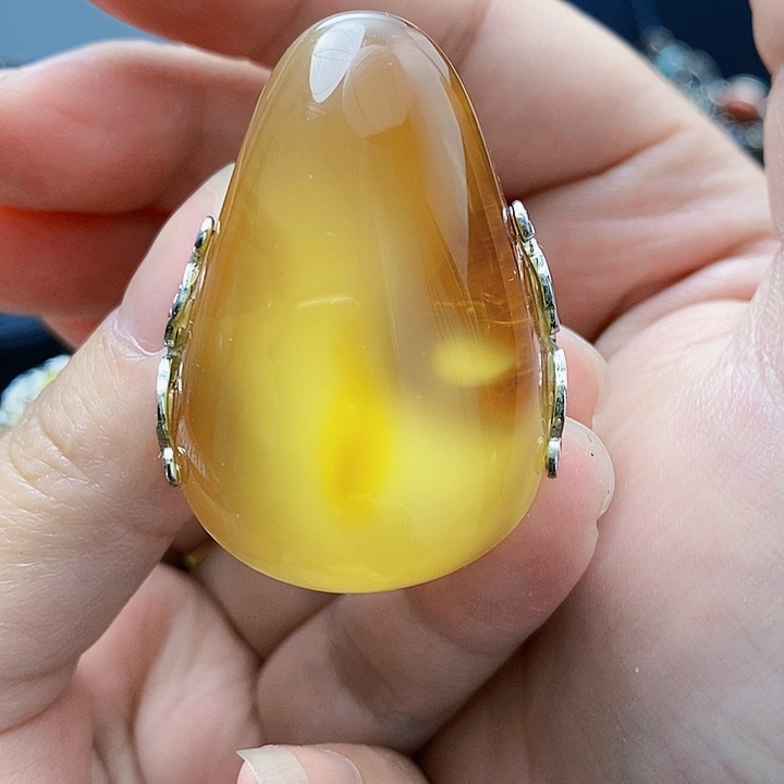 琥珀裸石银S925镶嵌戒指