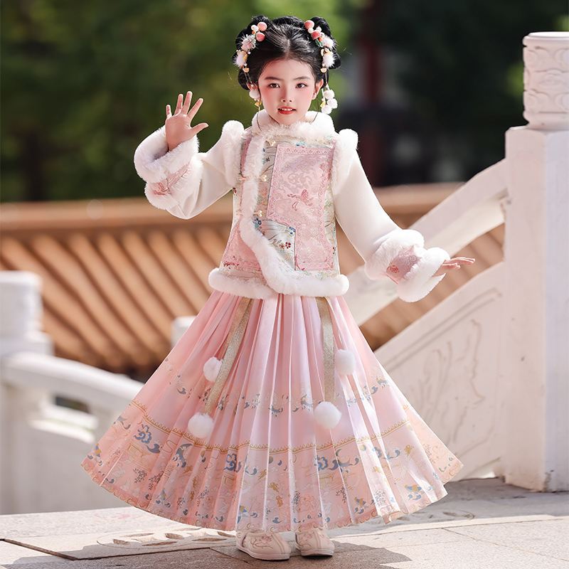 女童汉服冬款加绒套装裙子百褶新中式儿童女宝冬季喜庆汉服套装