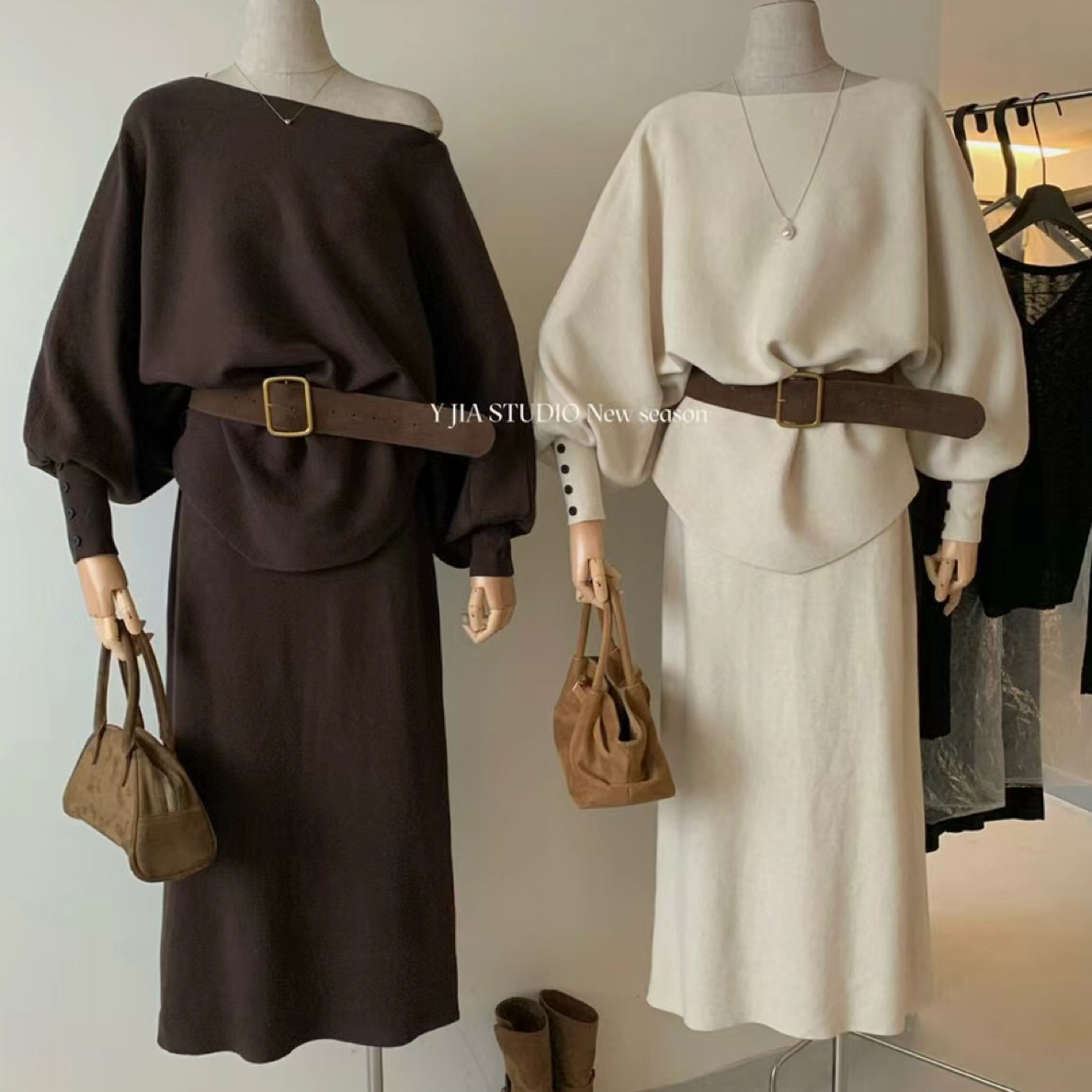 气质慵懒蝙蝠袖毛衣搭配松紧腰开叉A字半裙配腰带