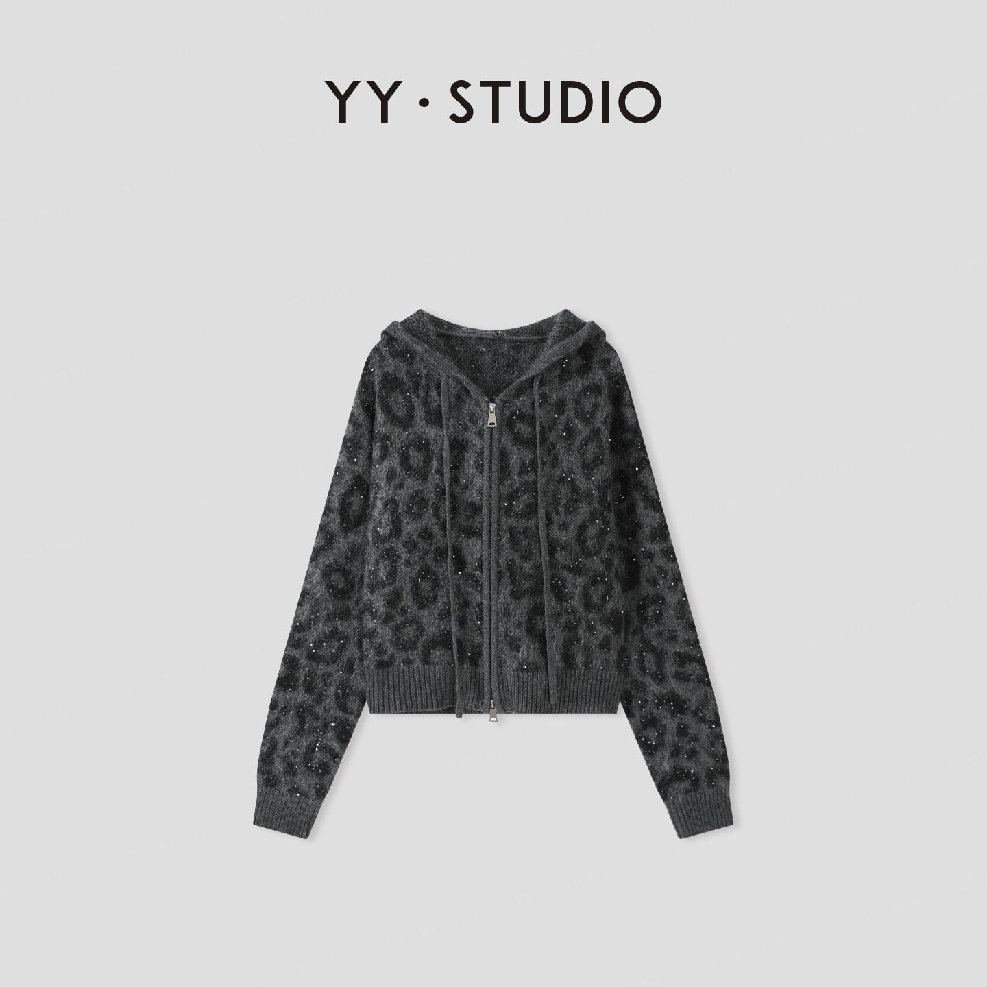 【SHISHI】秋冬提花豹纹细闪拉链外套毛衣长袖针织衫YY-9108