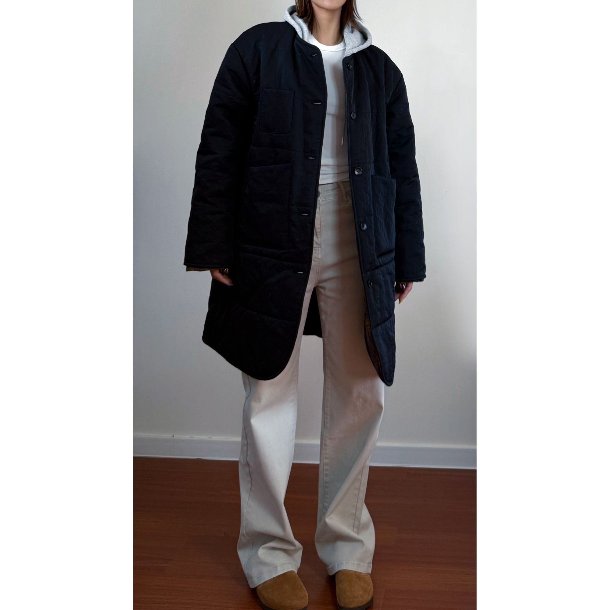 【木兰】冬季加厚中长款韩版宽松棉服连帽黑色保暖棉衣外套6127