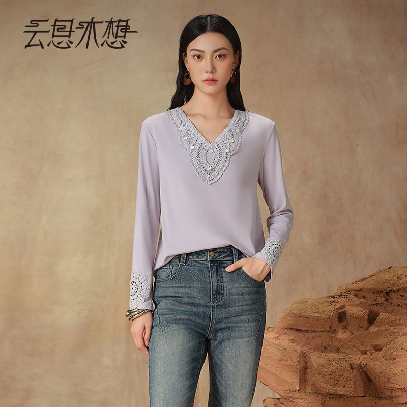 Ysimo-X云思木想 妙贝生花 编织花边领贝壳装饰莱赛尔棉T恤13516