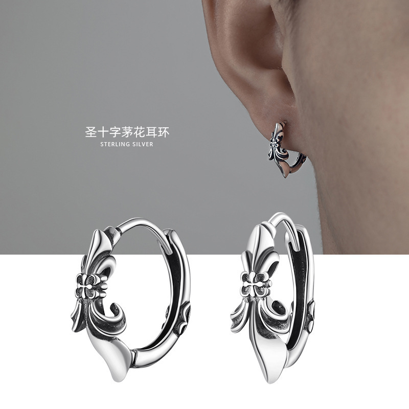 钛钢耳饰 复古做旧十字架耳圈潮流小众简约个性