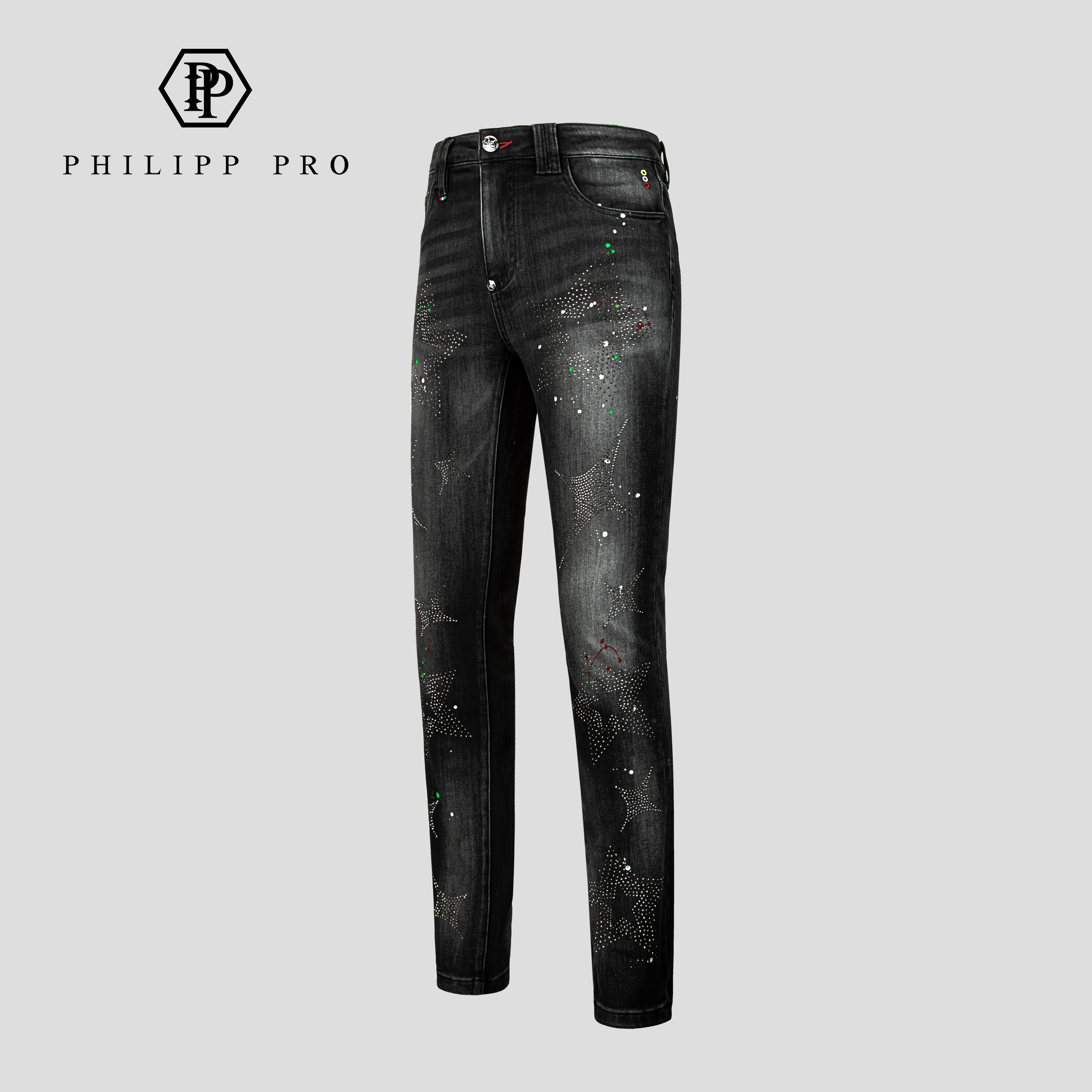 PHILIPP PRO潮流男款牛仔裤欧美时尚黑色春夏高端弹力修身直筒裤