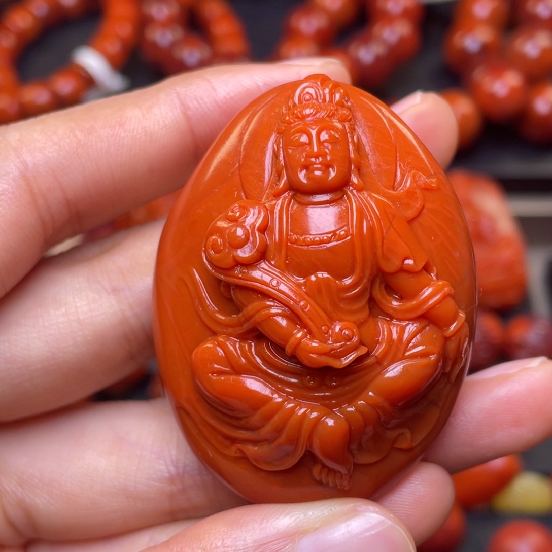 南红玛瑙其它未镶嵌49x37x25mm精工瓦西柿子红如意观音