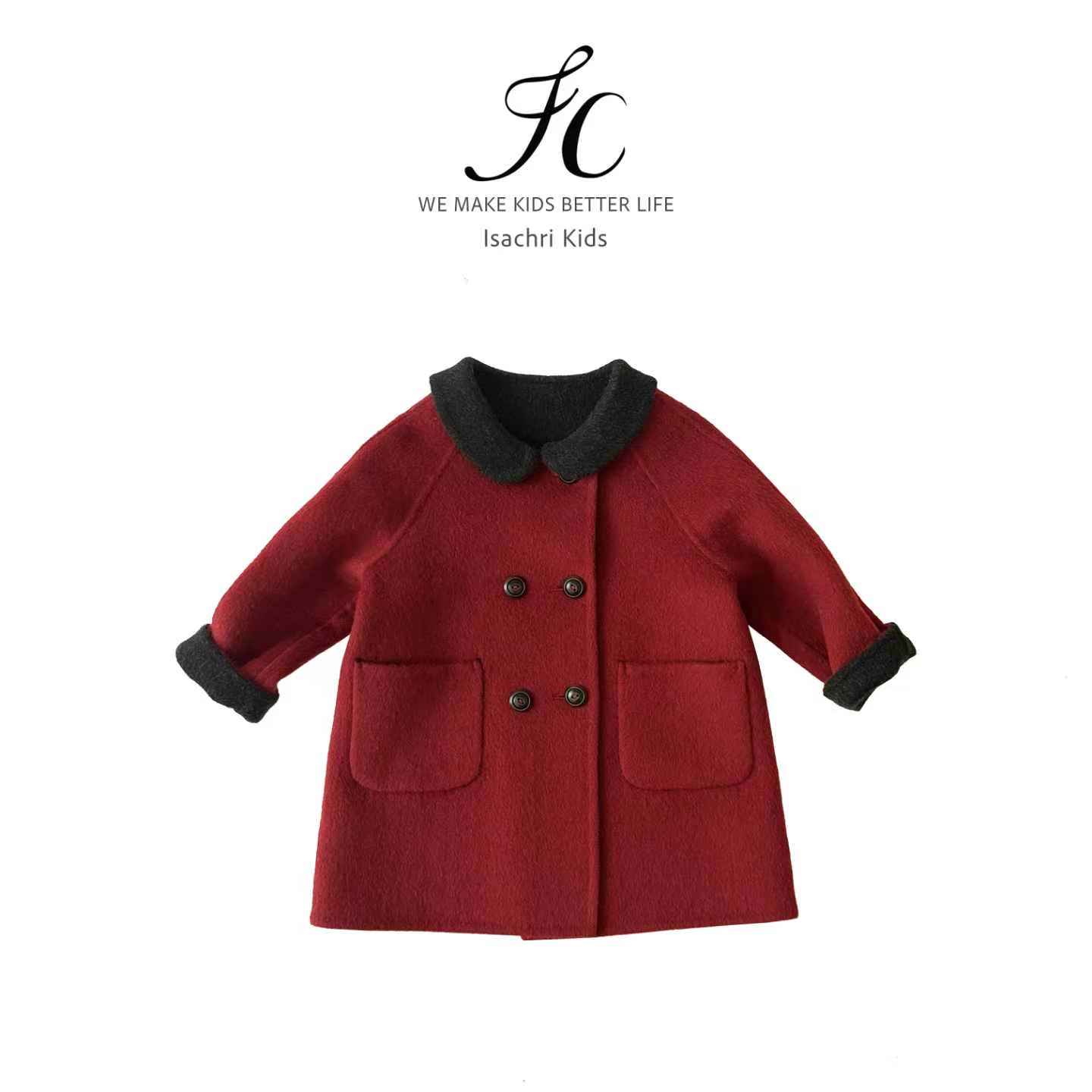 晶晶家【现发】新年战袍手工双面呢~女儿童纯羊毛大衣外套秋冬IS832