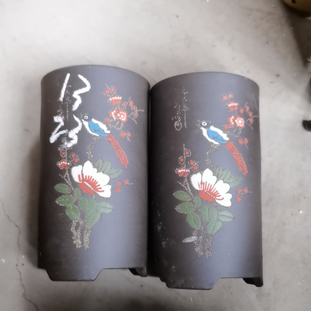 紫砂直筒花鸟图小号2个