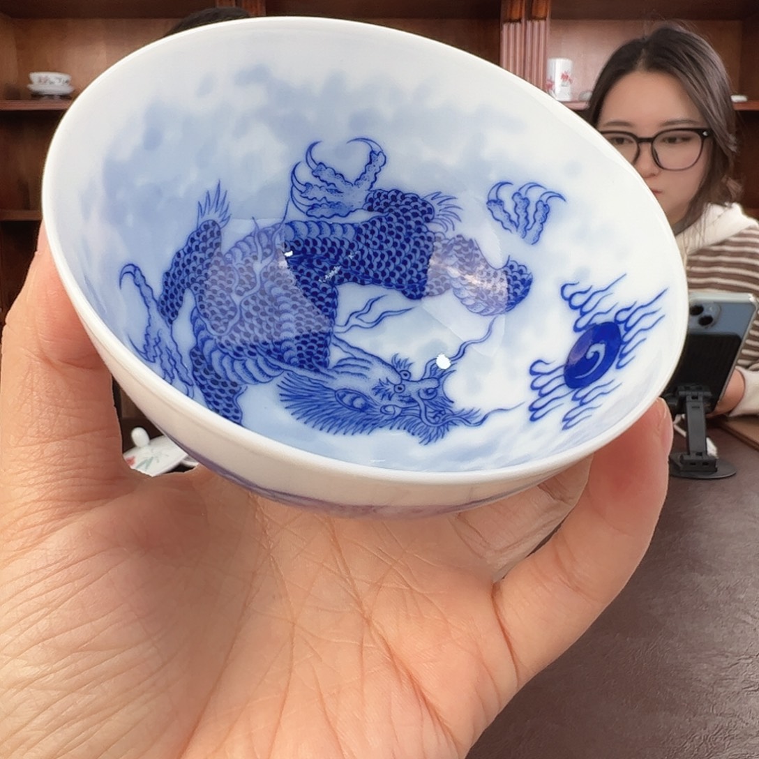 瓷柴窑青花鱼化龙鸡心杯（福利款）