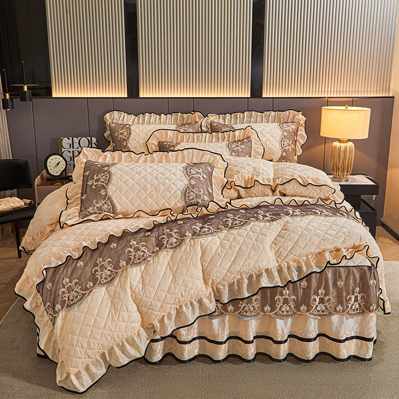 新款柔暖天鹅绒夹棉床裙四件套高档加厚保暖大红被套床上用品