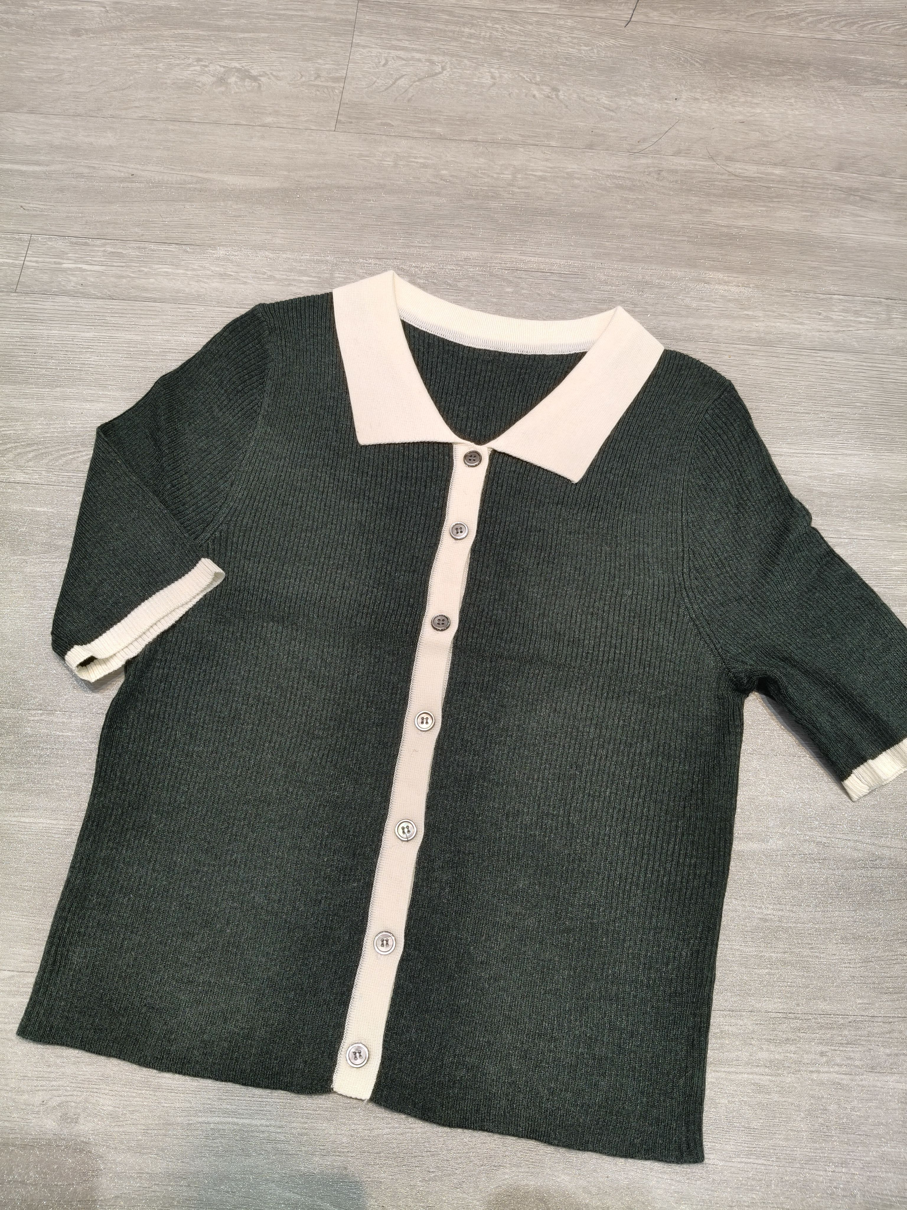 拼色短袖翻领休闲毛针织衫-果梓278