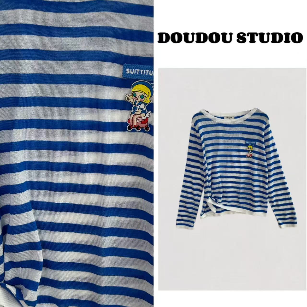 【兜兜】旅行女孩 夏日刺绣度假出游条纹防晒长袖T恤 井2602A