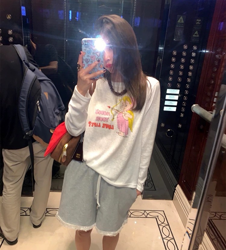 （中意你）东大门新款别致上衣2025白色印花T恤女长袖设计感7061