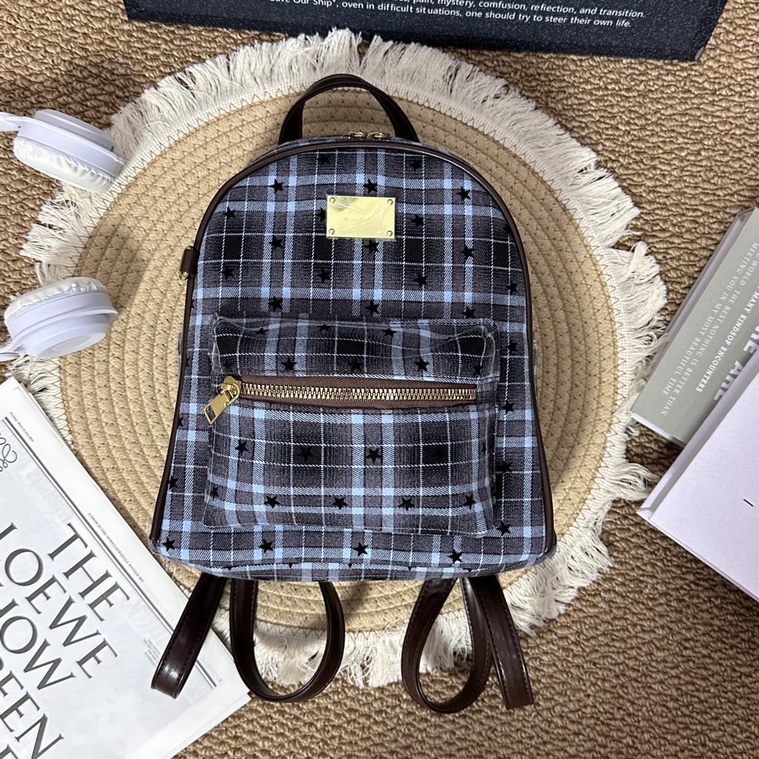 【萱麦】蓝色格纹星星绒布双肩包小众精致百搭大小号双肩包