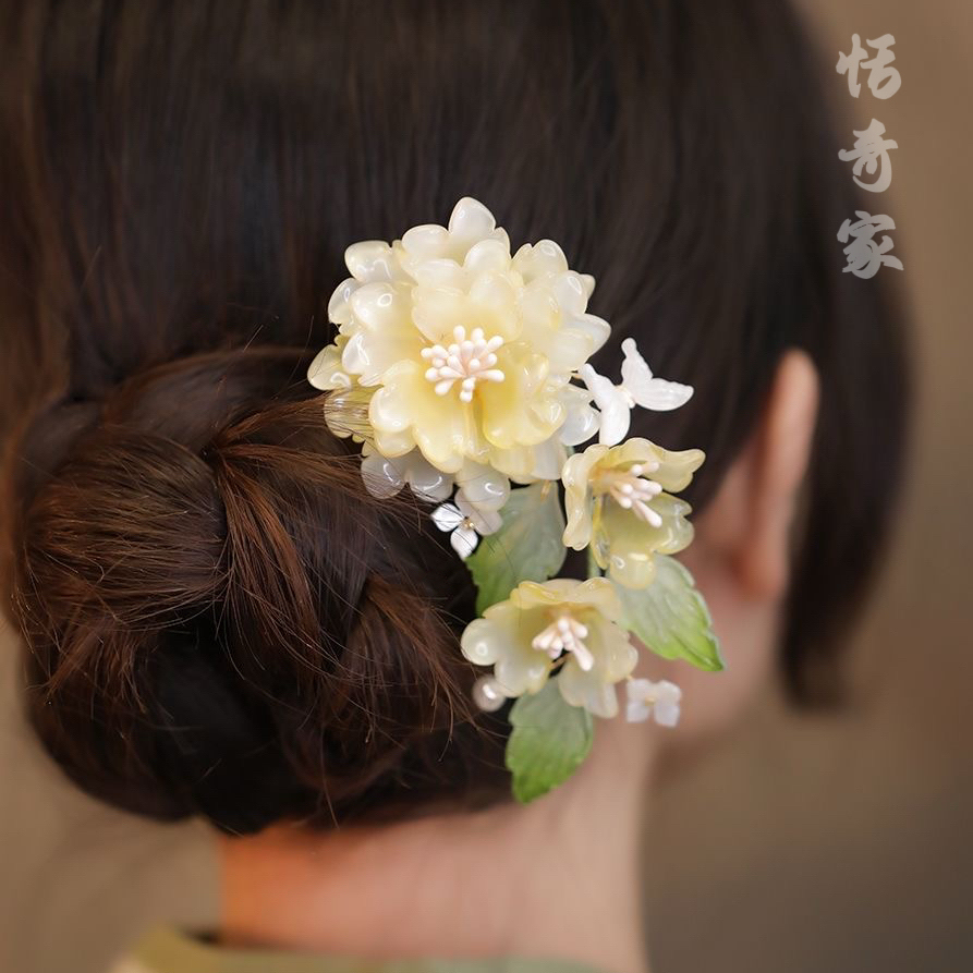 恬奇家a770“新绿”高定琉璃大花森系双钗发簪发饰清新U型簪重工款