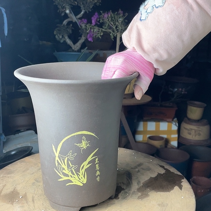 紫砂宜兴紫砂印金兰花盆22