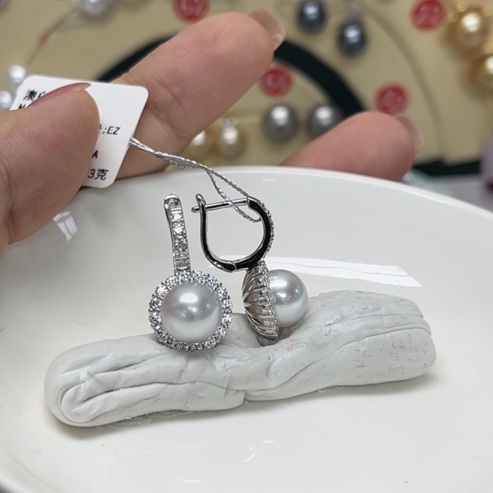 银S925镶嵌耳饰海水珍珠澳白8-9mm124