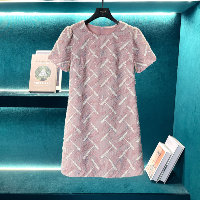 设计师亮片圆领气质名媛A摆短袖连衣裙E021185