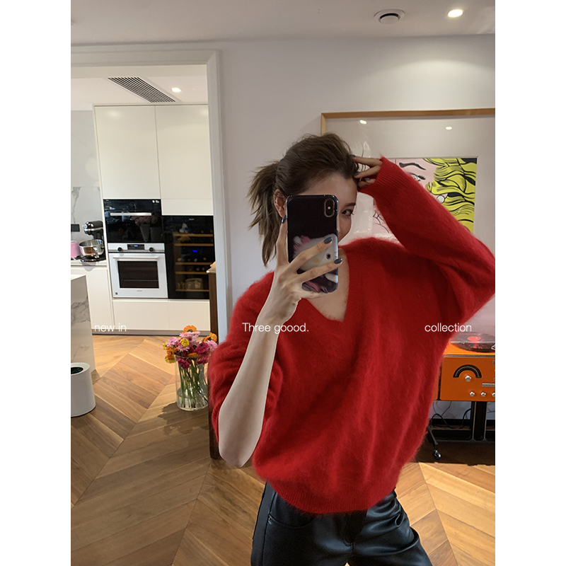 THREE GOOOD/三吉 羊毛羊绒拉毛V领毛衣内搭针织上衣Y725S21297