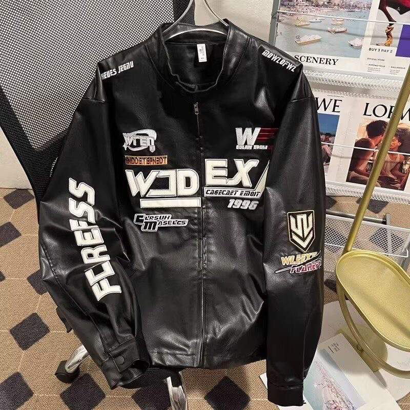 美式复古高街赛车服vintage皮衣夹克潮牌刺绣机车立领外套棒球领