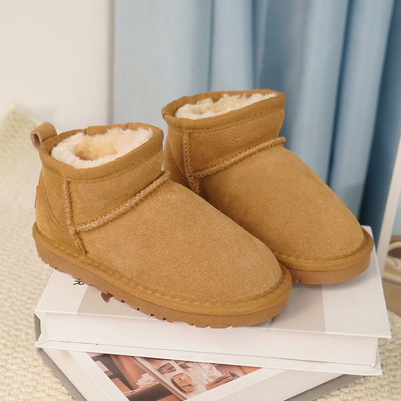 儿童宝宝休闲风加绒加厚套筒防水防滑雪地靴棉鞋短靴软底真牛皮