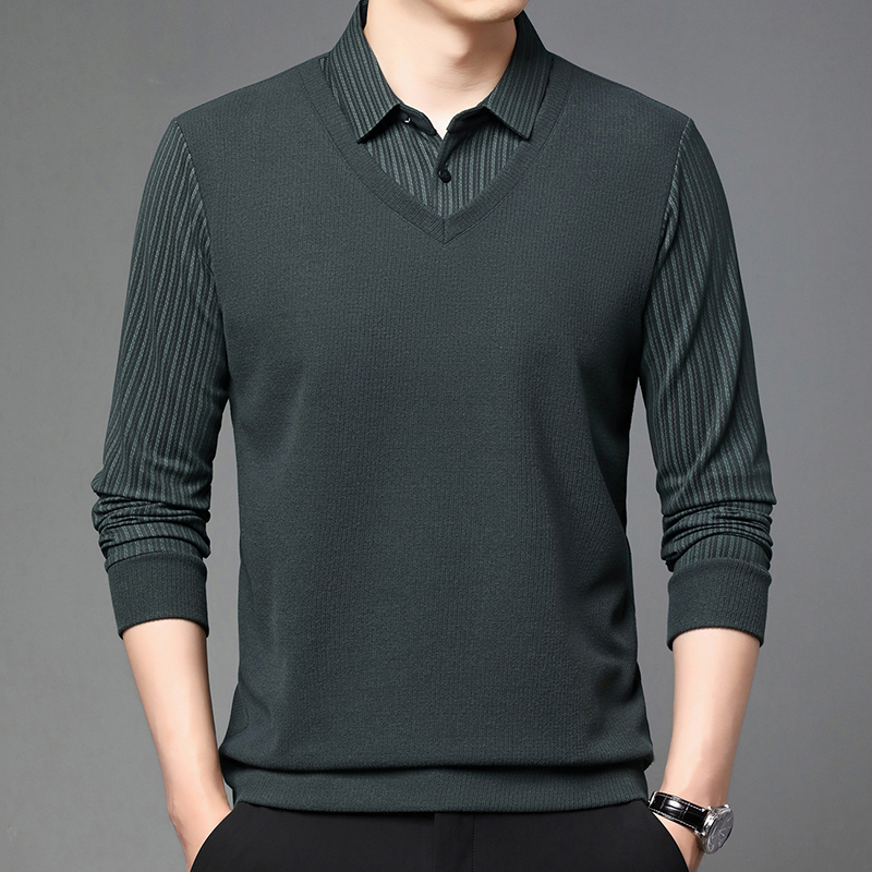 男士假两件T恤翻领休闲长袖中年春季时尚条纹Polo衫上衣男