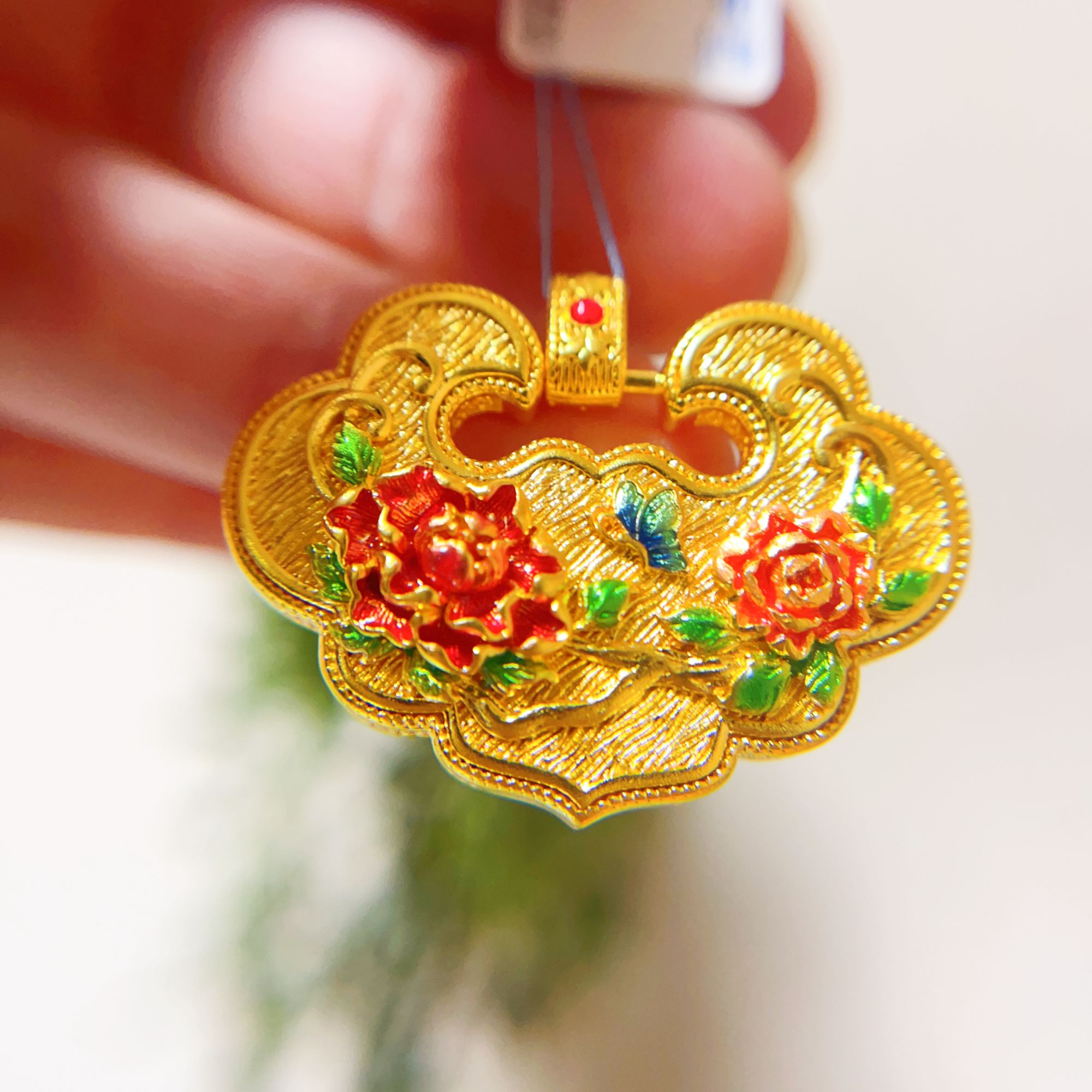 吊坠足银珐琅 外包了金的花开富贵如意锁包编绳手工设计师白银