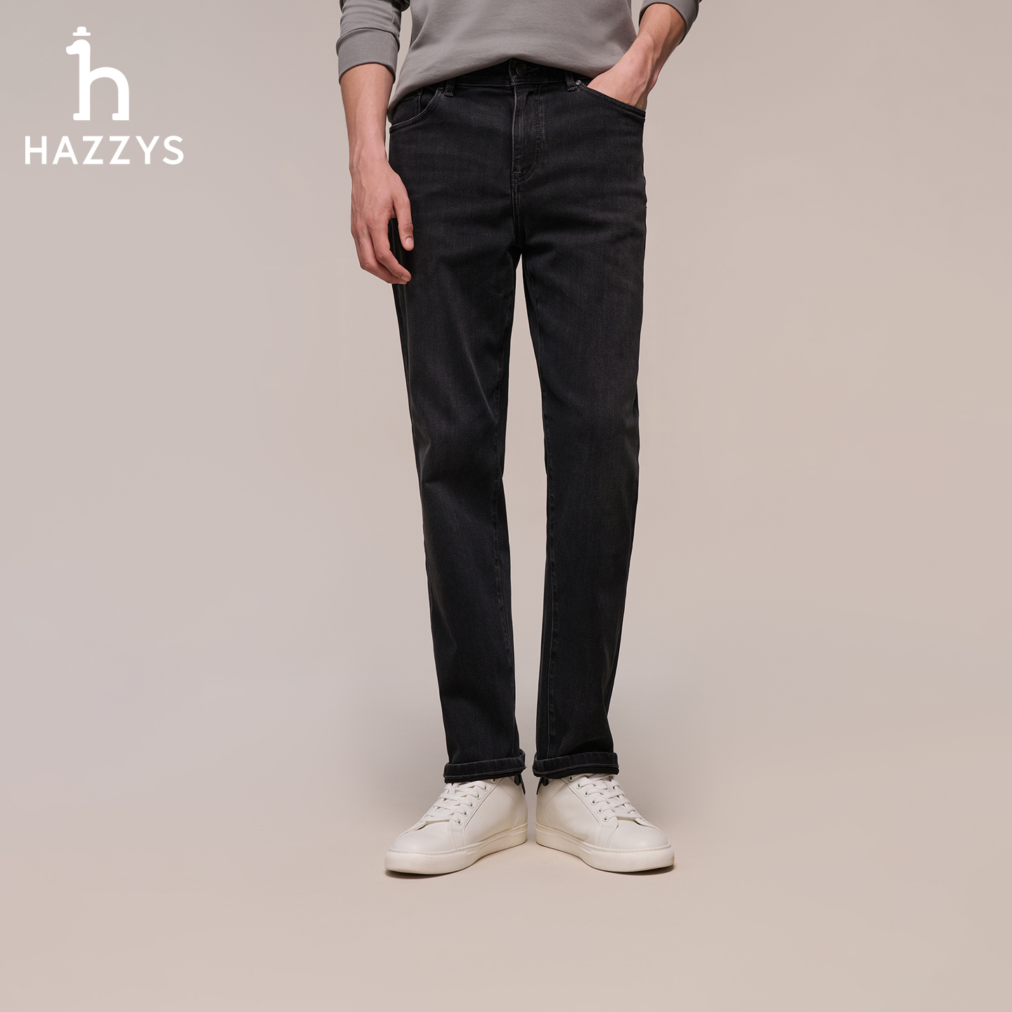 HAZZYS哈吉斯秋冬季水洗牛仔裤男士直筒百搭休闲时尚宽松长裤子