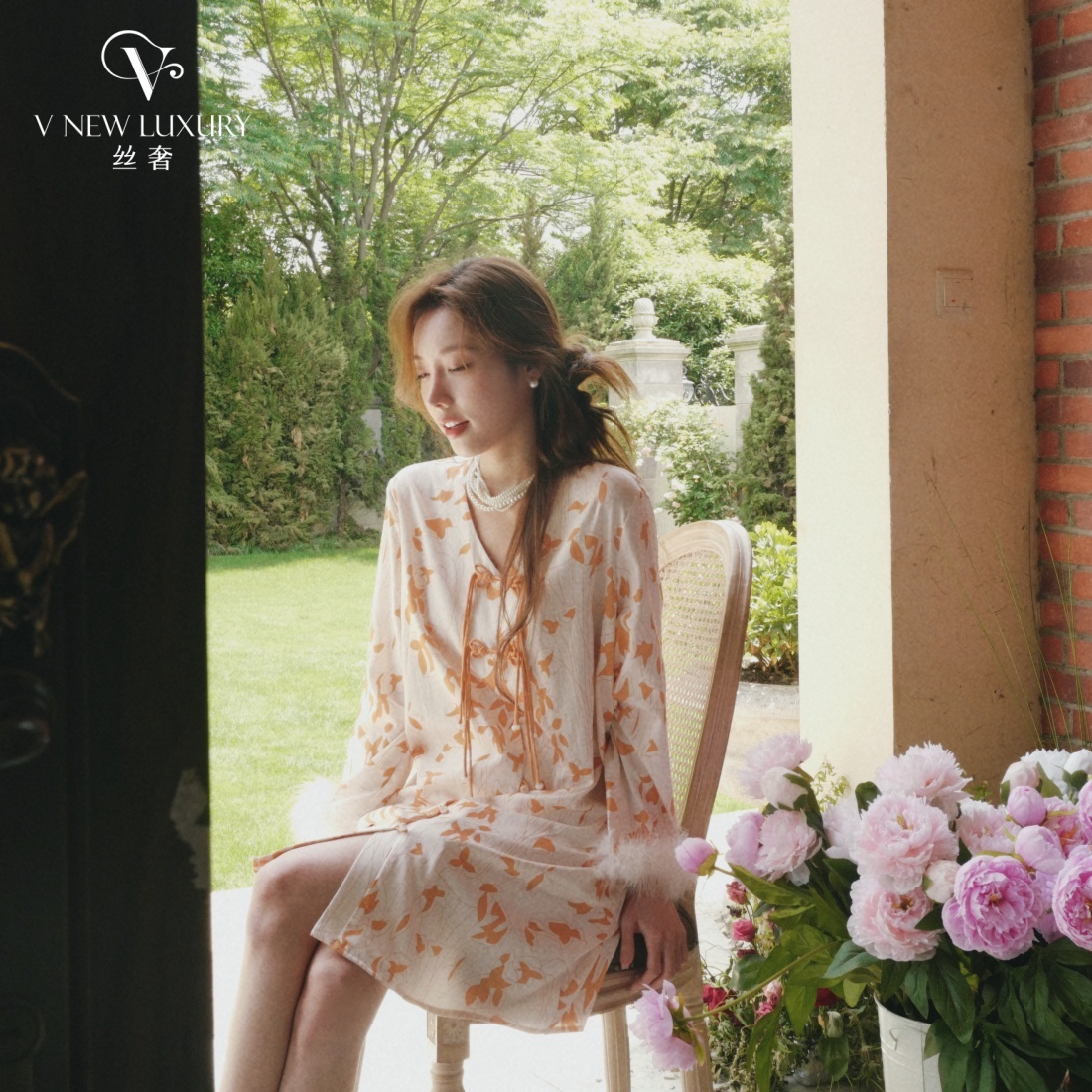 改良盘扣早秋中长版国风新中式睡裙透气设计感可拆卸羽毛V7Q3173