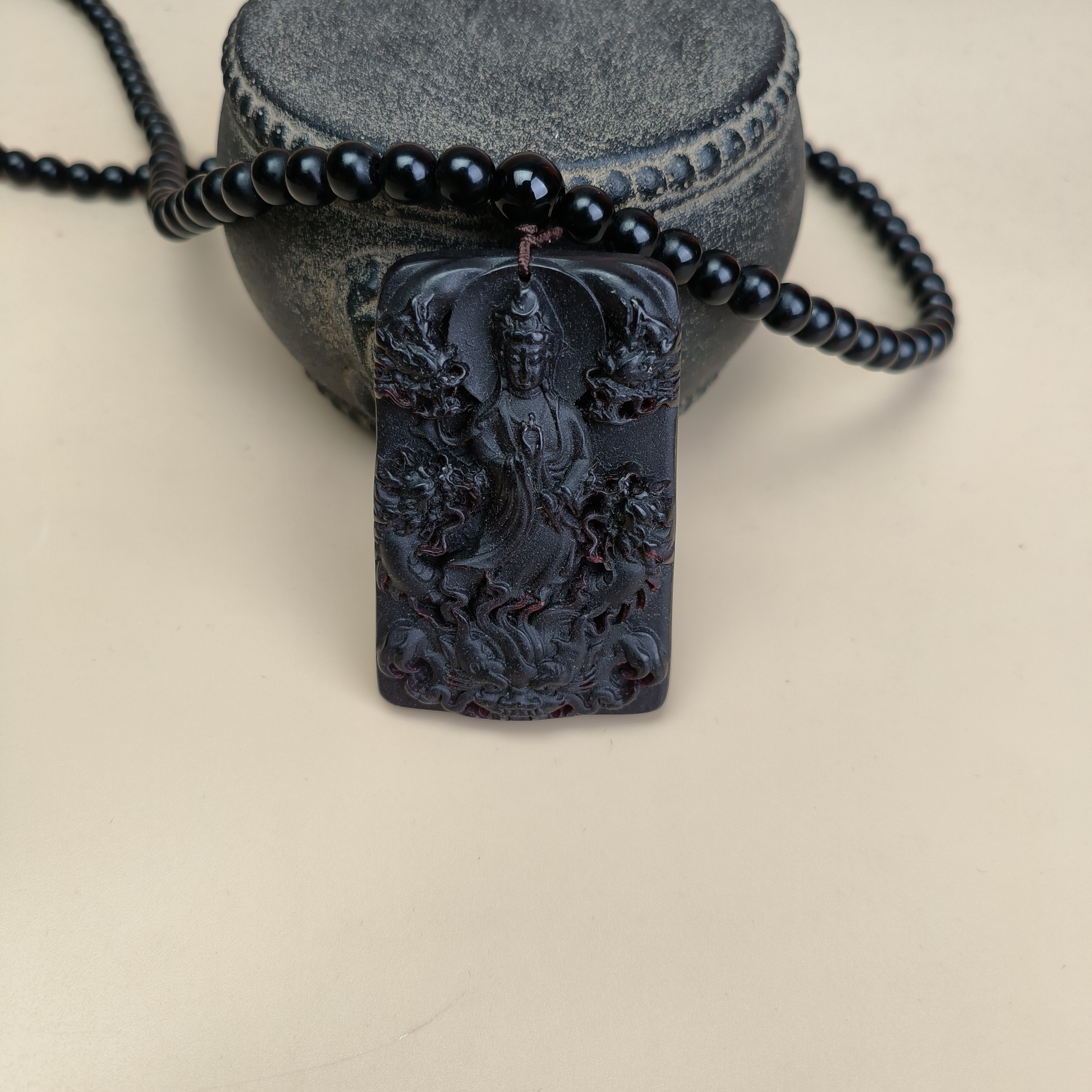 【柒韵文玩】黑色衣龙牌五龍观音挂坠yp绿