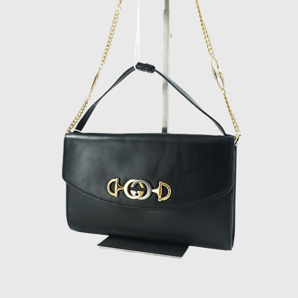 95新 GUCCI/古驰 二手黑金色全皮链条斜挎包K18489