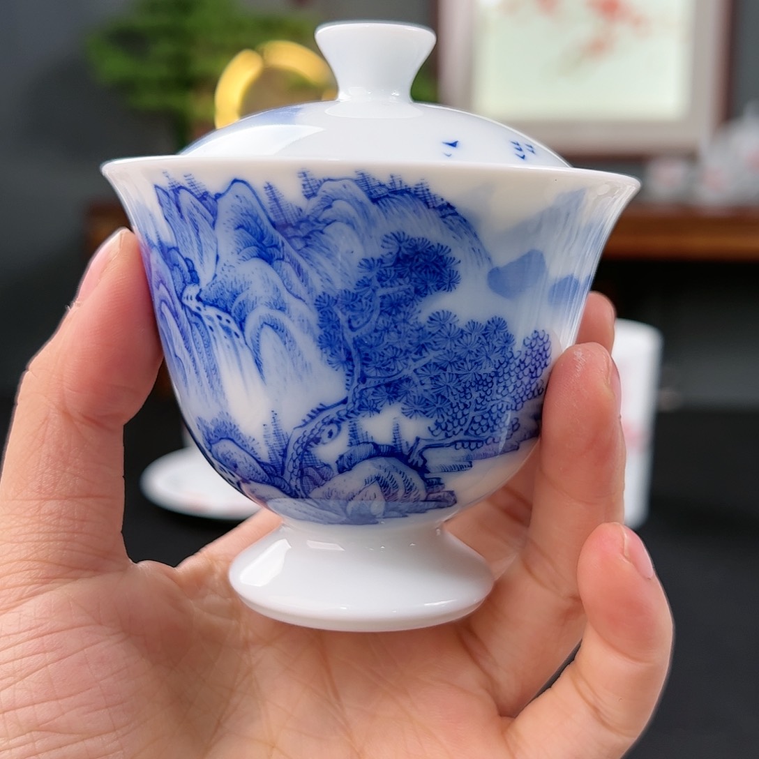 柴窑青花二才盖碗