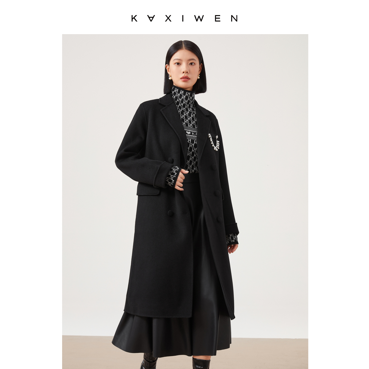 【达人专属】时尚V领100%绵羊毛中长款双排扣大衣X10ADE8665