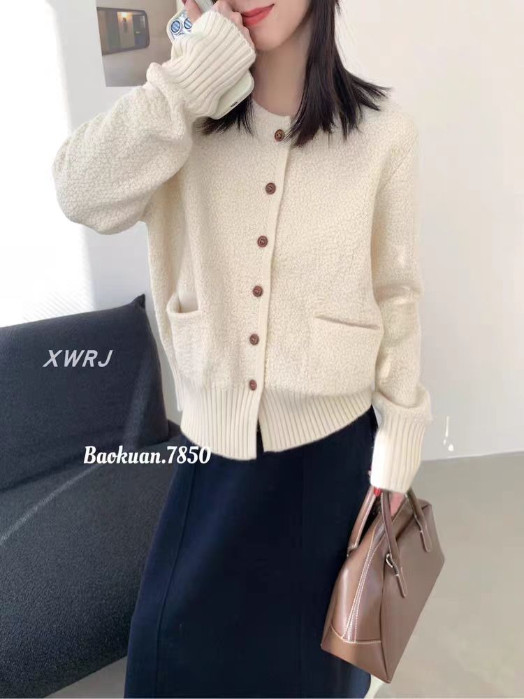 秋季厚款长袖针织宽松型毛针织衫慵懒风开衫上衣复古气质圆领