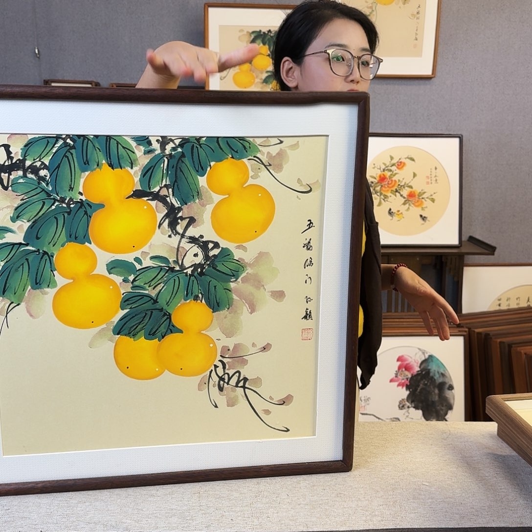 国画纯手绘，纯手写带框尺寸：53×53厘米