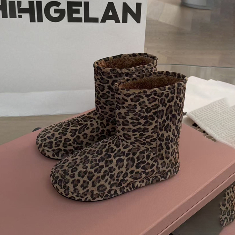 诗歌兰皮毛一体豹纹雪地靴女2025冬季新款防滑百搭加绒棉鞋633-09