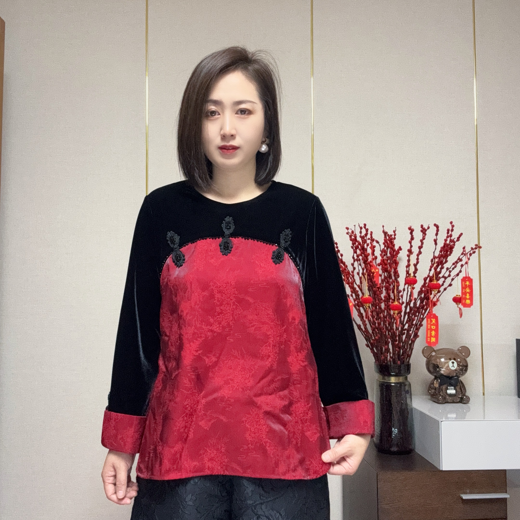 宽松拼接盘扣新中式国风长袖丝绒衫上衣新年穿搭打底衫2026