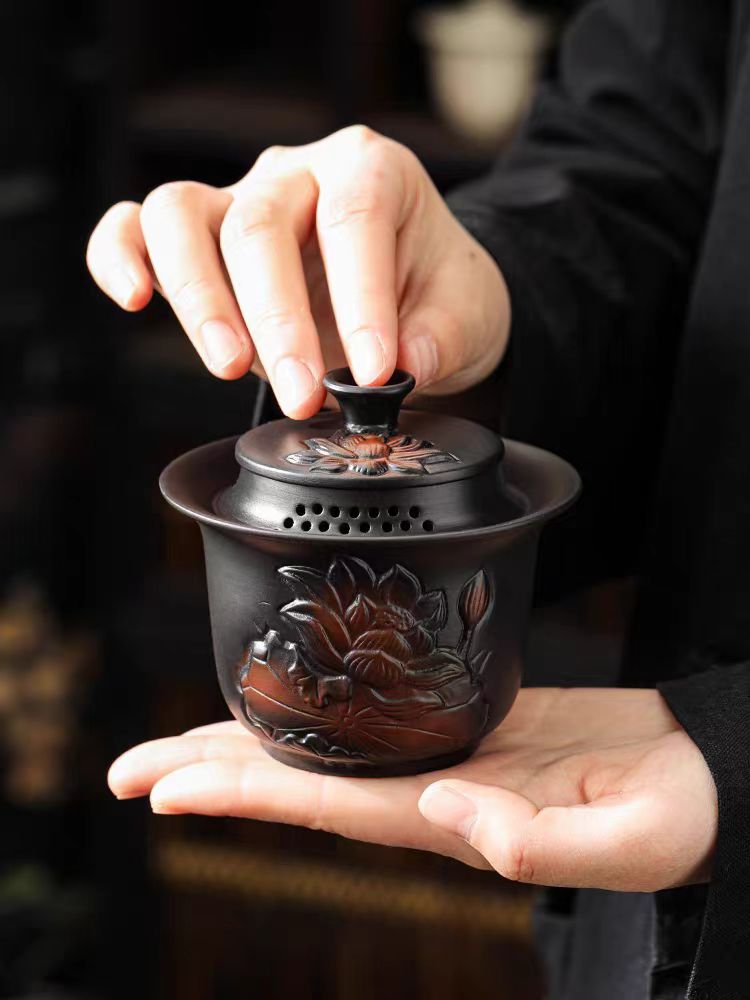 手抓防烫手荷花紫陶盖碗家用茶具
