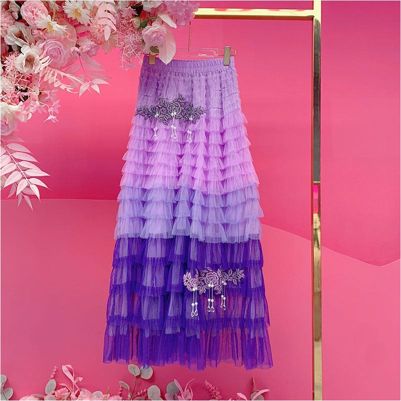 A4793欧美设计师2025冬季新款重工刺绣流苏串珠渐变色网纱半身裙