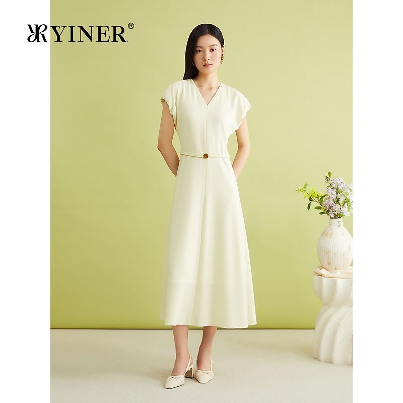 【醋酸系列】YINER音儿夏季法式优雅V领花苞袖悬垂连衣裙