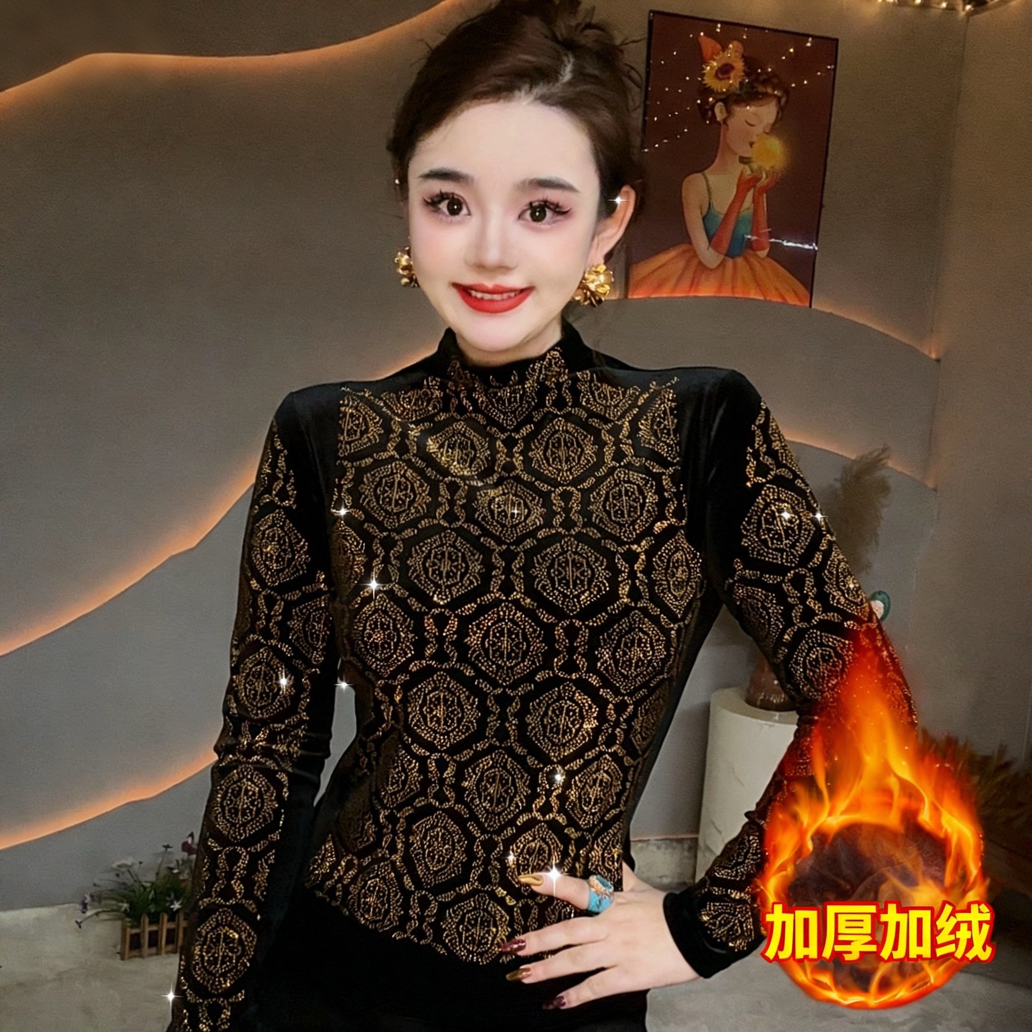 【烫钻网格】2025长袖休闲风新潮风烫钻女T恤网红时尚百搭打底衫