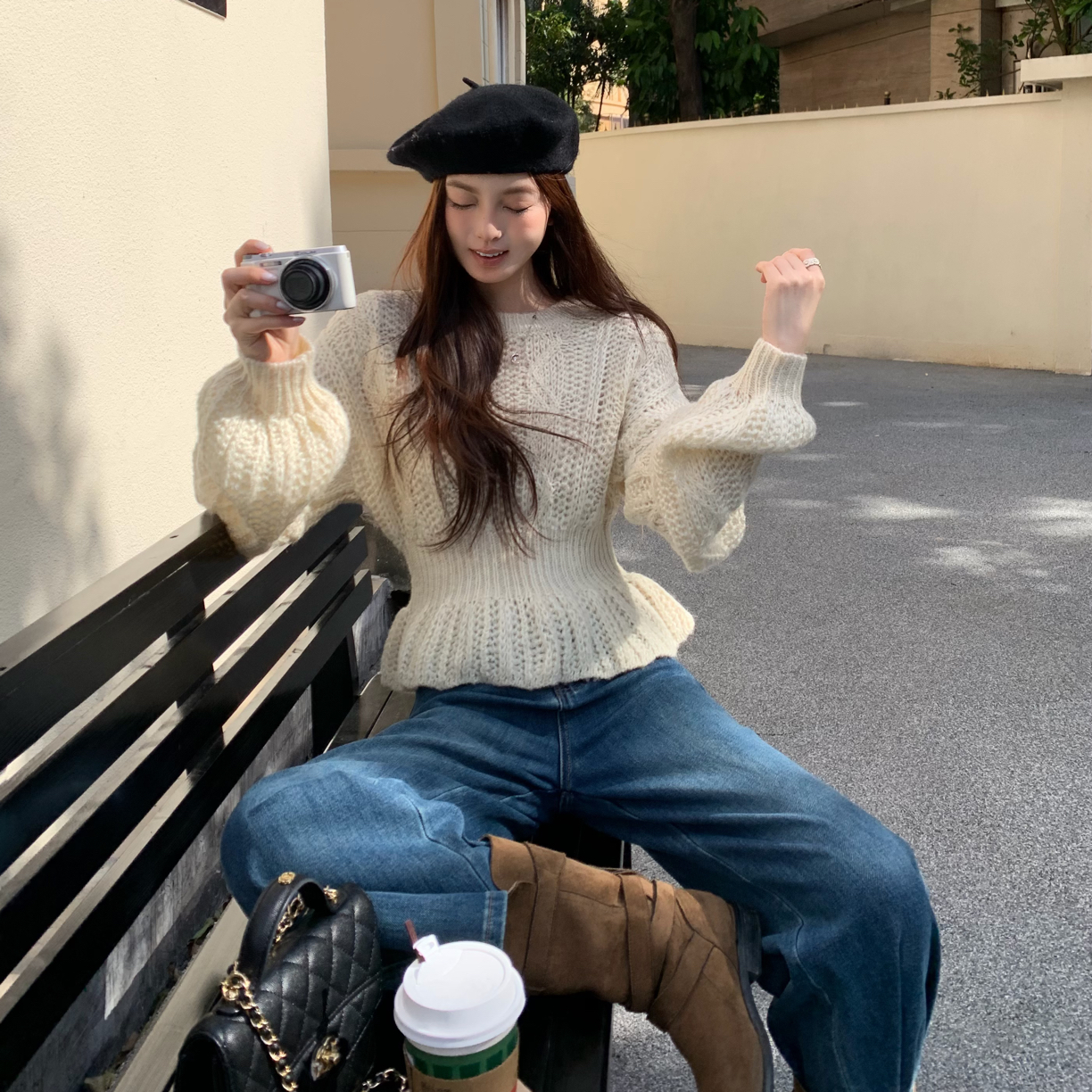 初雪恋人～韩系设计感收腰显瘦灯笼袖毛衣ins百搭