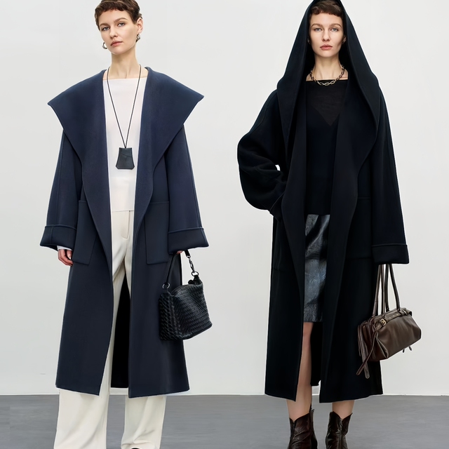 戛纳之夜ANRAN浴袍连帽大衣2025秋冬新款绵羊毛双面呢外套女