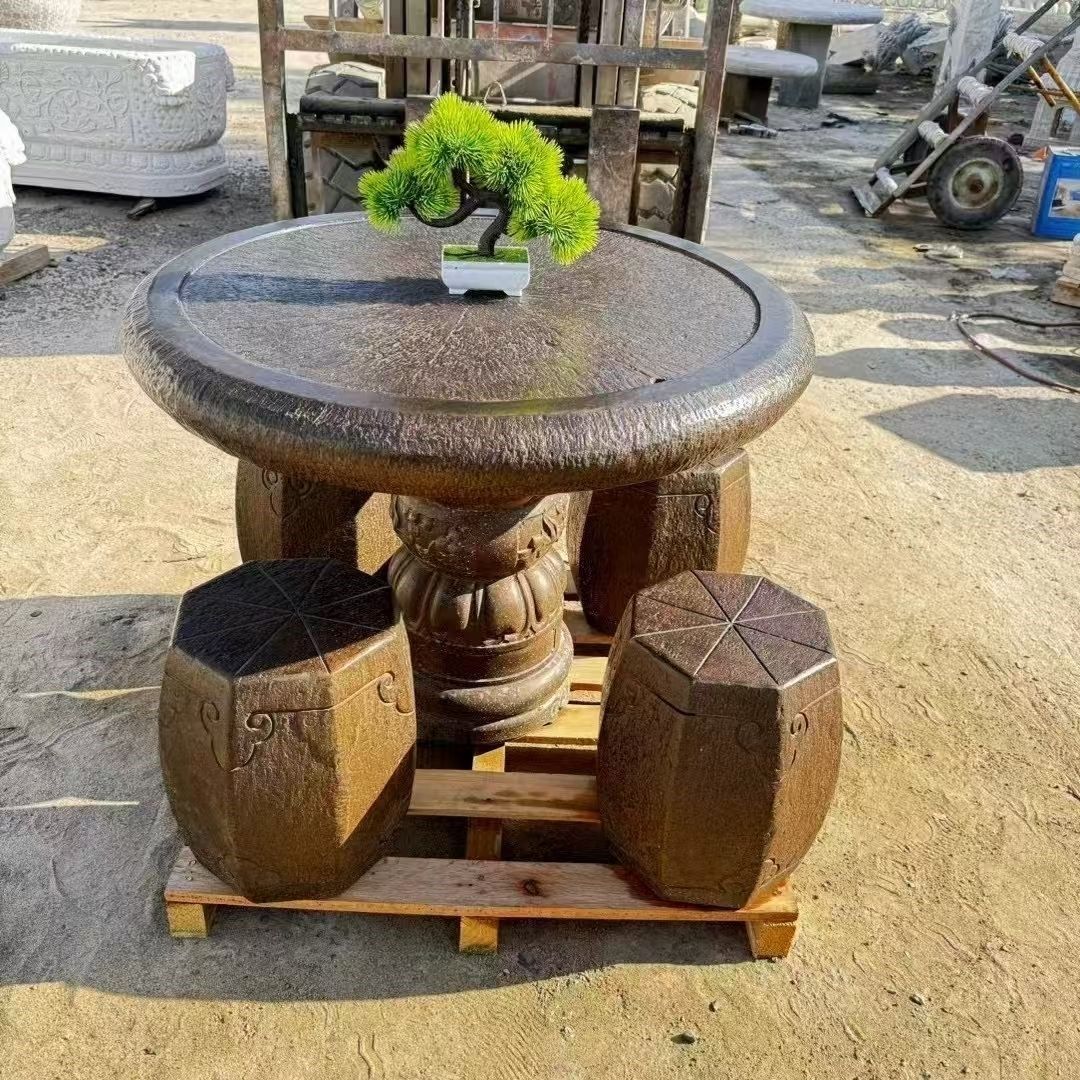 石桌石凳庭院花园花园仿古圆形石头桌子凳子户外青石桌椅棋桌茶盘