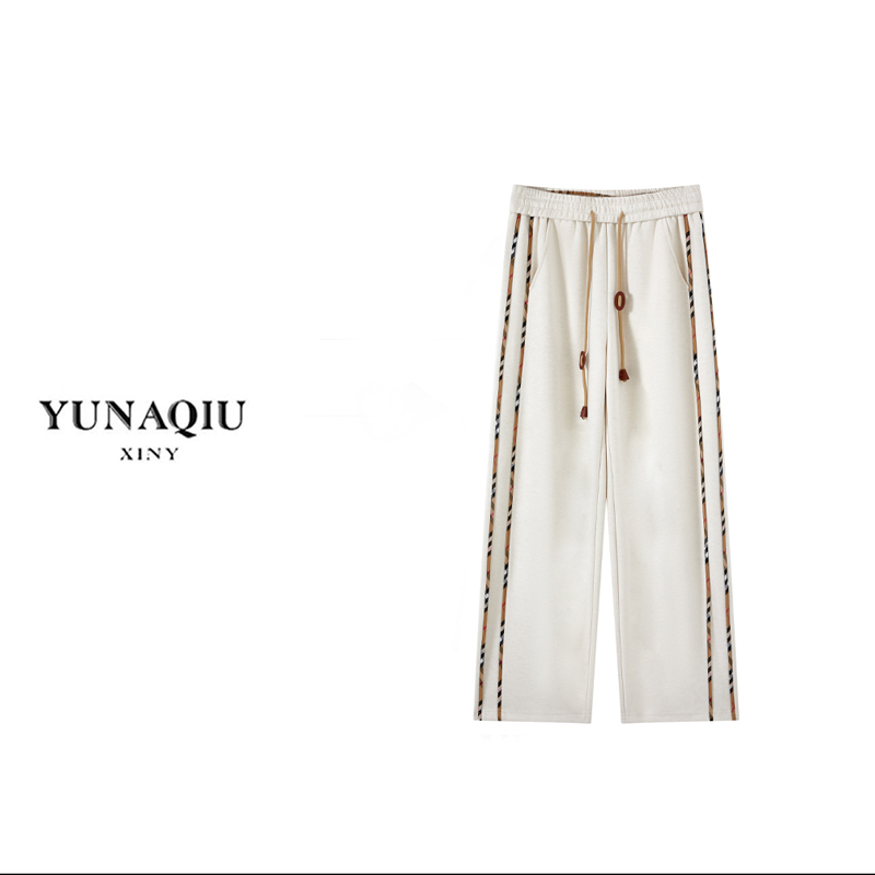 【MangLing专属】秋冬质感拼接织带格子直筒休闲裤-5699