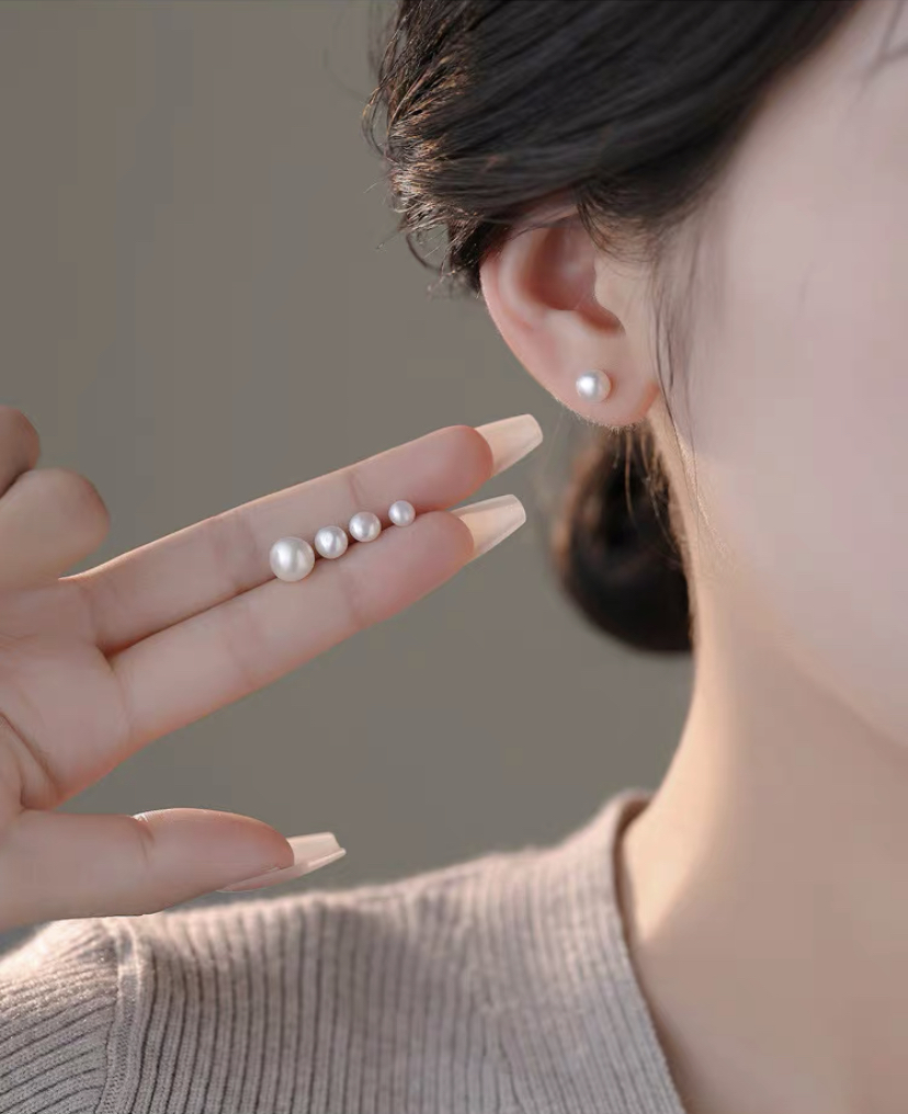 054白色小号天然淡水珍珠耳钉6-7mm馒头珠 防敏针 日常精致养耳洞