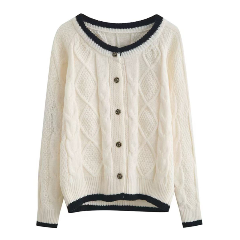 004 麻花圆领针织开衫女装春秋季2025新款慵懒风毛衣外套上衣